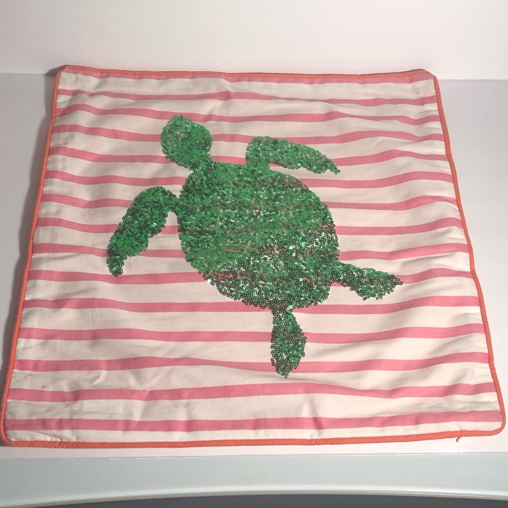 Pottery Barn Teen Sea Breeze Stripe 2 Pillow Covers Sequin TURTLE 18" Coral